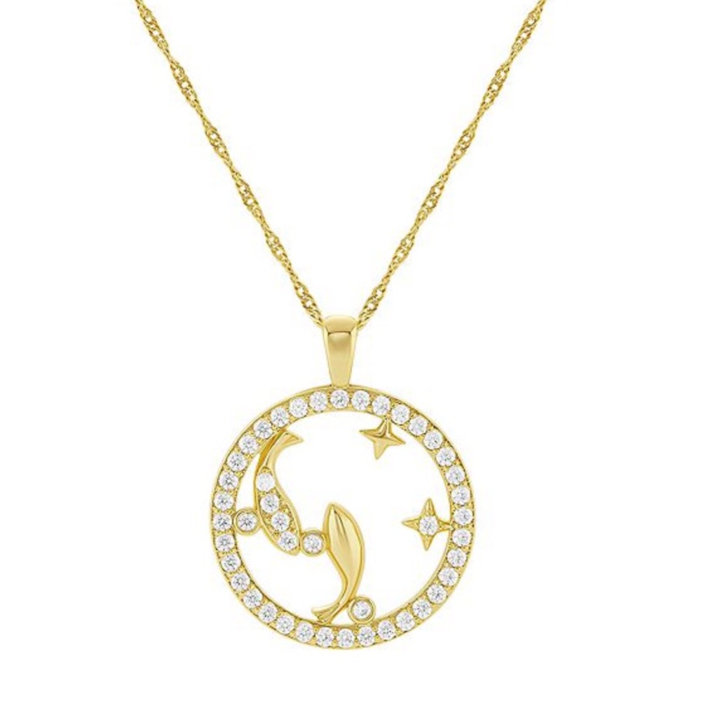NWT PRIMROSE 18k Gold Plated Cubic Zirconia Zodiac Pisces Coin Pendant Necklace